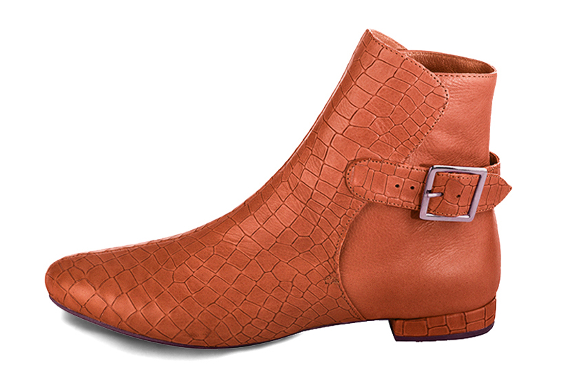 Terracotta orange women's ankle boots with buckles at the back. Round toe. Flat block heels. Profile view - Florence KOOIJMAN